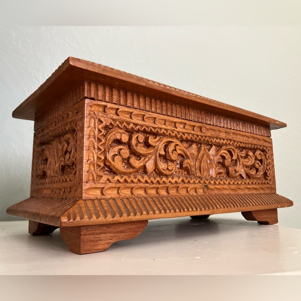 Vintage Hand Carved Wooden Jewelry Box w/ Red Velvet Interior